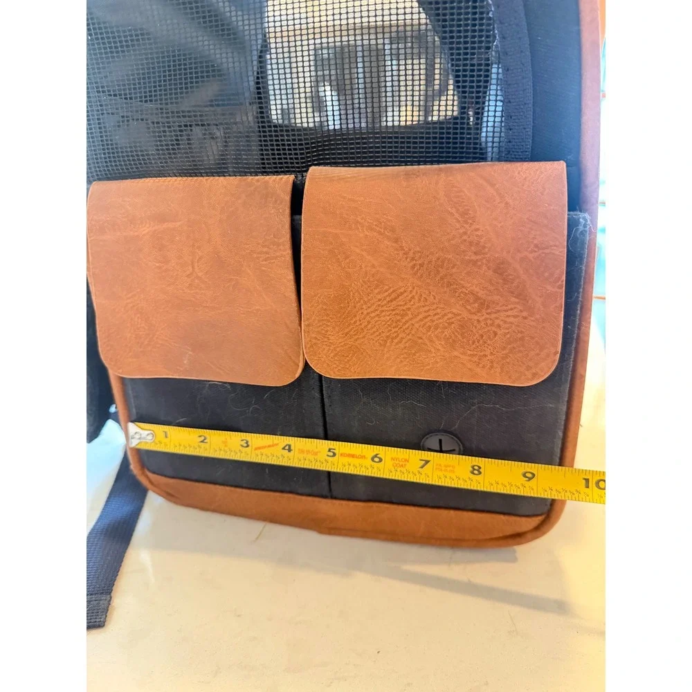 Pet Carrier Backpack Navy Canvas Faux Leather Trim Small Dog Cat Travel Bag